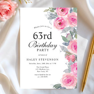 Feminine Pink Watercolor Floral Chic 63rd Birthday Invitation