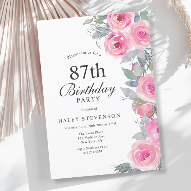 Feminine Pink Watercolor Floral Chic 87th Birthday Invitation (Creator Uploaded)