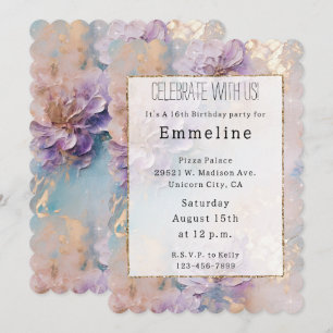 Feminine Purple Blue and Gold Floral Invitation