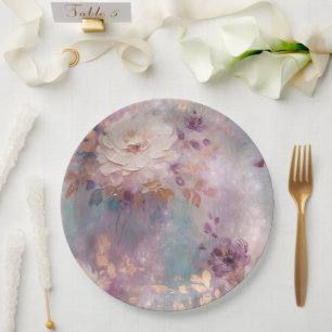 Feminine Purple Blue and Gold Floral Paper Plate