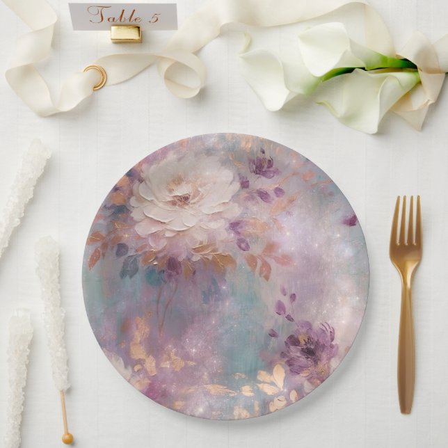 Feminine Purple Blue and Gold Floral Paper Plate (Wedding)