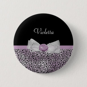 Feminine Purple Cheetah Print Girly Bow and Name 6 Cm Round Badge