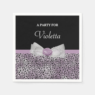Feminine Purple Cheetah Print Girly Bow Party Name Napkin