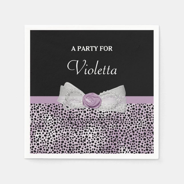 Feminine Purple Cheetah Print Girly Bow Party Name Napkin (Front)