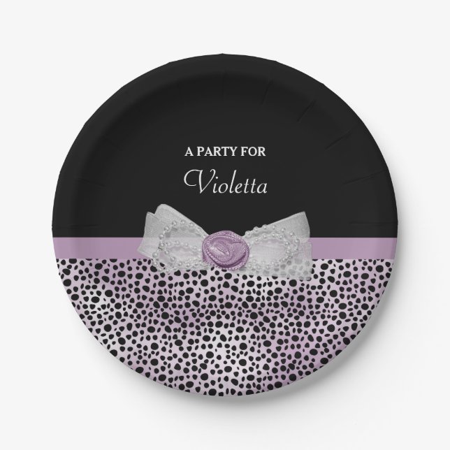 Feminine Purple Cheetah Print Girly Bow Party Name Paper Plate (Front)