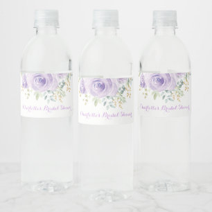 Feminine Purple Gold Watercolor Flower Rose Favour Water Bottle Label