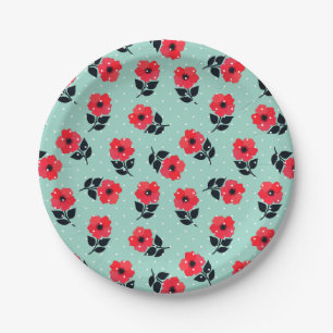 Feminine Red Floral Mint Polka Dots Design Paper Plate