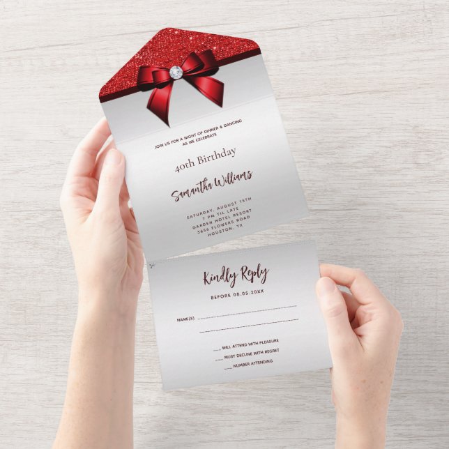 Feminine Red Gem Bow & Glitter Birthday All In One Invitation (Tearaway)