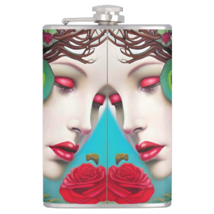 Feminine Red Lips and Roses Peacock Abstract Hip Flask