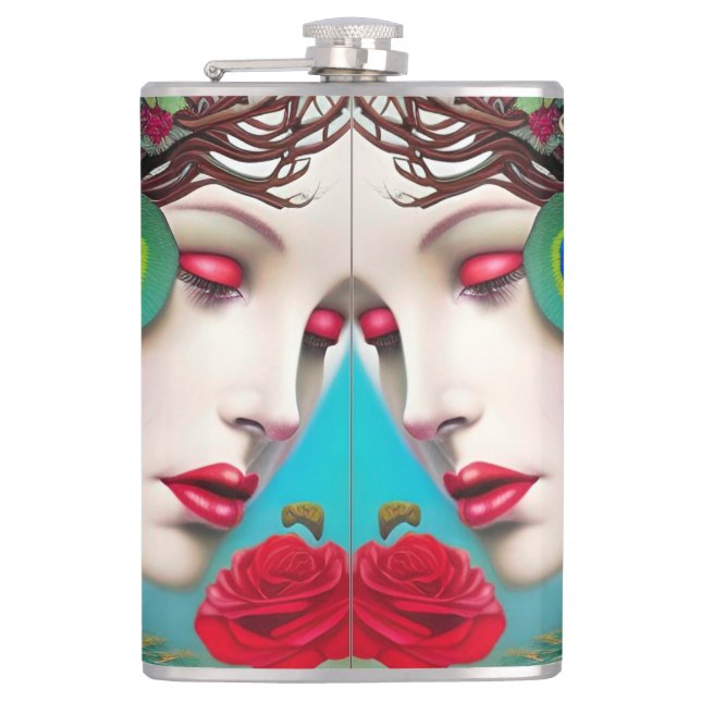 Feminine Red Lips and Roses Peacock Abstract  Hip Flask (Front)