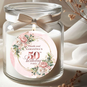 Feminine Rose Gold Blush Floral 50th Birthday  Classic Round Sticker
