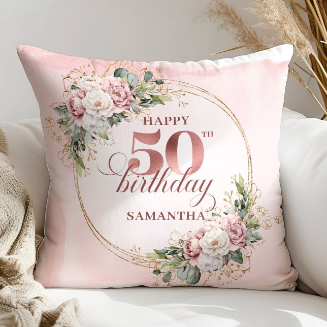 Feminine Rose Gold Blush Floral 50th Birthday Gift Cushion (Feminine Rose Gold Blush Floral 50th Birthday Gift Pillow)