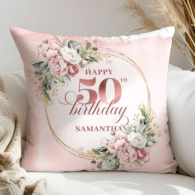 Feminine Rose Gold Floral 50th Birthday Pillow Gif (Feminine Rose Gold Floral 50th Birthday Pillow Gift)