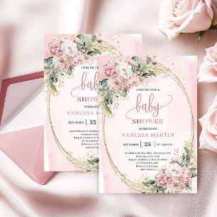 Feminine Rose Gold Floral Eucalyptus Baby Shower Invitation
