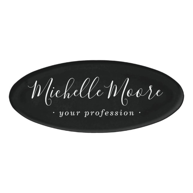 Feminine script elegant black name tag (Front)
