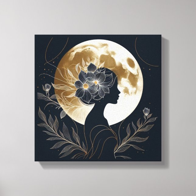 Feminine Silhouette with Golden Moon Elegance Canvas Print (Front)