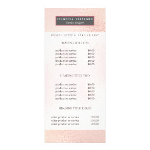 Feminine sparkling rose gold foil service menu