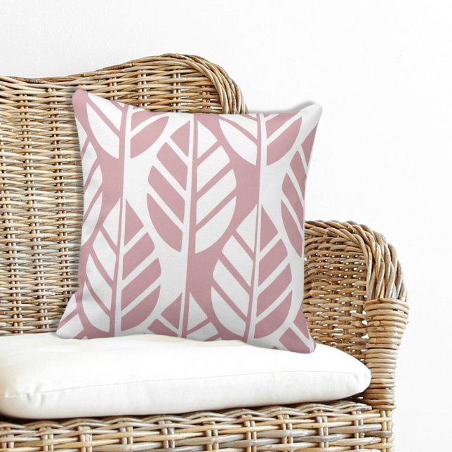 Feminine Stylized Pink and White Leaves Pattern Cushion (Feminine Stylized Pink and White Leaves Throw Pillow)