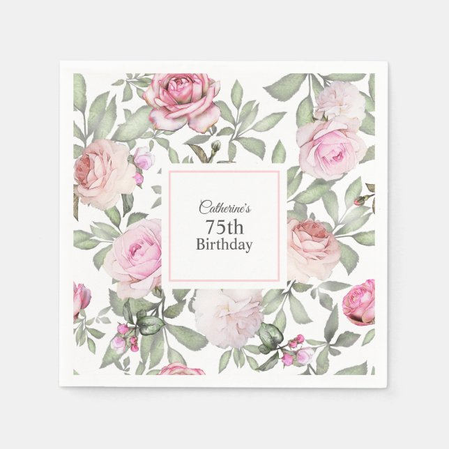 Feminine Summer Rose Garden Floral 75th Birthday Napkin (Front)