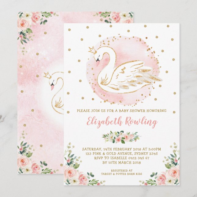 Feminine Swan Princess Pink Gold Baby Shower Invitation (Front/Back)