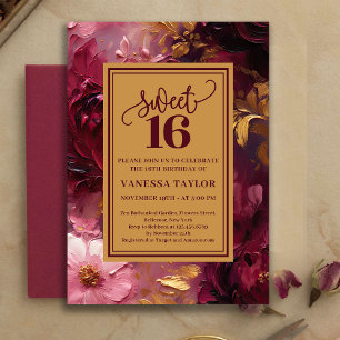 Feminine Sweet Sixteen Burgundy Floral Gold Invite