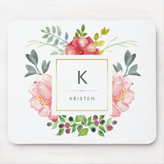 Feminine Trendy Watercolor Peony Flowers Monogram Mouse Pad (Front)