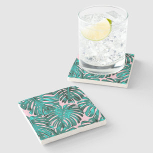 Feminine Turquoise Pink Tropical Leaves Stone Coaster