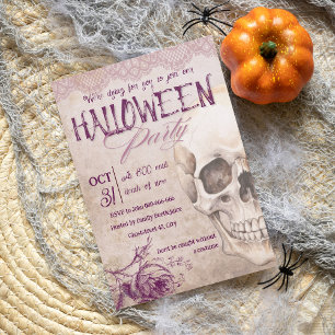 Feminine vintage pink skull adult halloween party invitation