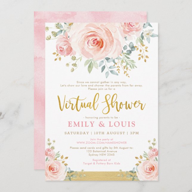 Feminine Virtual Baby Shower Blush Pink Gold Roses Invitation (Front/Back)