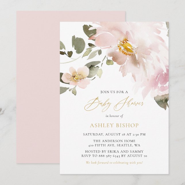 Feminine Watercolor Blush Flowers Girl Baby Shower Invitation (Front/Back)
