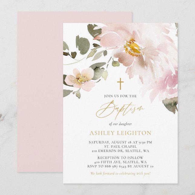 Feminine Watercolor Blush Flowers Girl Baptism Invitation (Front/Back)