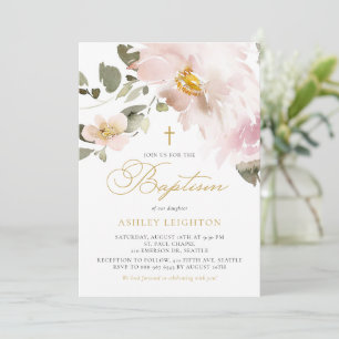 Feminine Watercolor Blush Flowers Girl Baptism Invitation