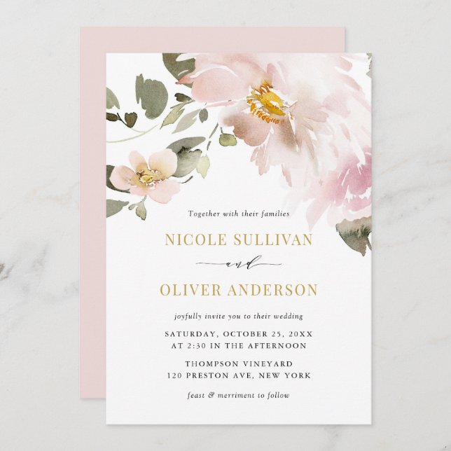 Feminine Watercolor Blush Flowers Wedding Invitation (Front/Back)