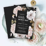 Feminine Watercolor Floral 60th Birthday Party Invitation<br><div class="desc">An elegant floral 60th birthday party invitation, this design features black background to contrast beautifully with the winter ice pink roses framing the text. All of the text can be personalised with your custom party text, including the age. You can also use this invitation template for other ages by personalising...</div>
