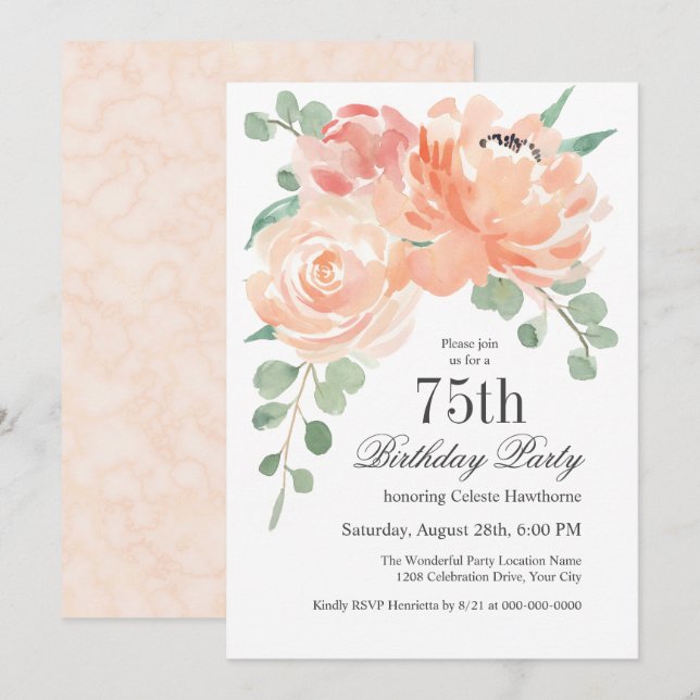 Feminine Watercolor Floral 75th Birthday Party Invitation (Front/Back)