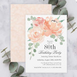 Feminine Watercolor Floral 80th Birthday Party Invitation<br><div class="desc">Wonderfully feminine and stylish, this lovely floral birthday party invitation is designed to celebrate a woman's 80th birthday. It features a corner bouquet of peach and pink roses and training eucalyptus greenery in soft watercolor hues. All of the text can be personalised with your custom party text, including the age....</div>