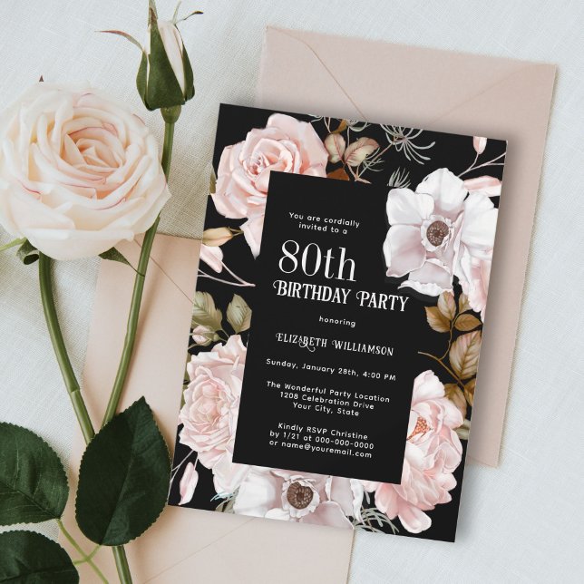 Feminine Watercolor Floral 80th Birthday Party Invitation (A beautifully elegant 80th birthday party invitation to personalize for someone special.)