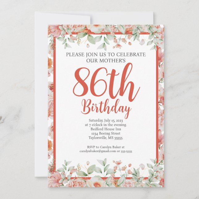 Feminine Watercolor Floral 86th Birthday Party Invitation (Front)