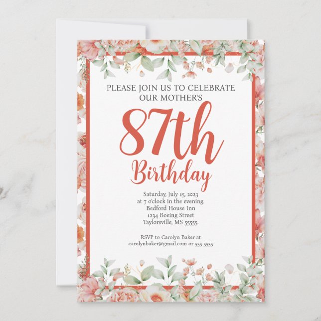 Feminine Watercolor Floral 87th Birthday Party Invitation (Front)