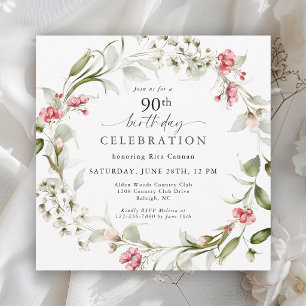 Feminine Watercolor Floral 90th Birthday Invitation