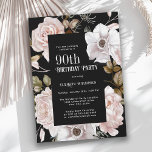 Feminine Watercolor Floral 90th Birthday Party Invitation<br><div class="desc">An elegant floral 90th birthday party invitation, this design features black background to contrast beautifully with the winter ice pink roses framing the text. All of the text can be personalised with your custom party text, including the age. You can also use this invitation template for other ages by personalising...</div>