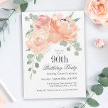Feminine Watercolor Floral 90th Birthday Party Invitation<br><div class="desc">A lovely floral birthday party invitation designed to celebrate a woman's 90th birthday, this invitation features a corner bouquet of peach and pink roses and trailing eucalyptus greenery in soft watercolor hues. All of the text can be personalised with your custom party text, including the age. You can also use...</div>