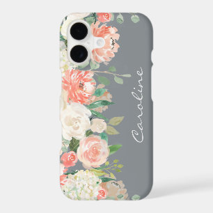 Feminine Watercolor Floral on Grey with Monogram