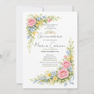 Feminine watercolor Floral Quinceanera tiara Invitation