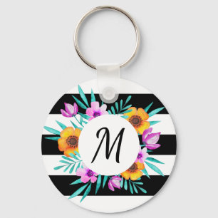 Feminine Watercolor Flowers Custom Monogram Key Ring