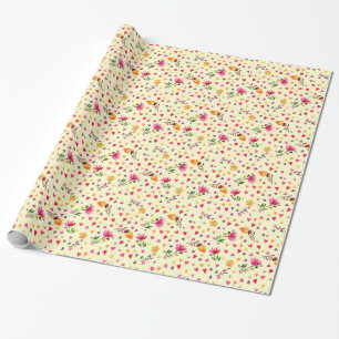 Feminine Watercolor Hearts and Flowers Wrapping Paper