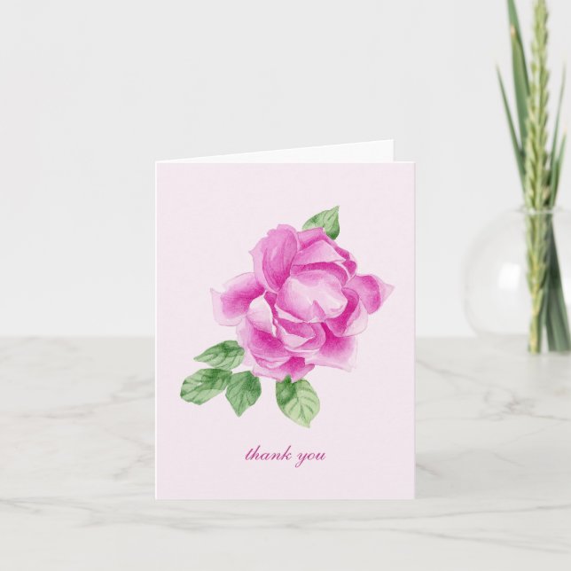 Feminine Watercolor Pink Rose Thank You Card (Front)