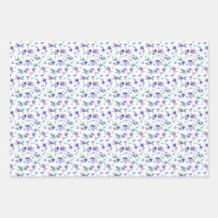 Feminine Watercolor Purple Ditsy Floral Pattern Wrapping Paper Sheet
