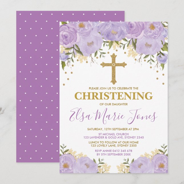 Feminine Watercolor Purple Flowers Christening Invitation (Front/Back)