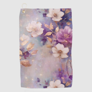 Feminine White Glam Gold Purple Floral Golf Towel